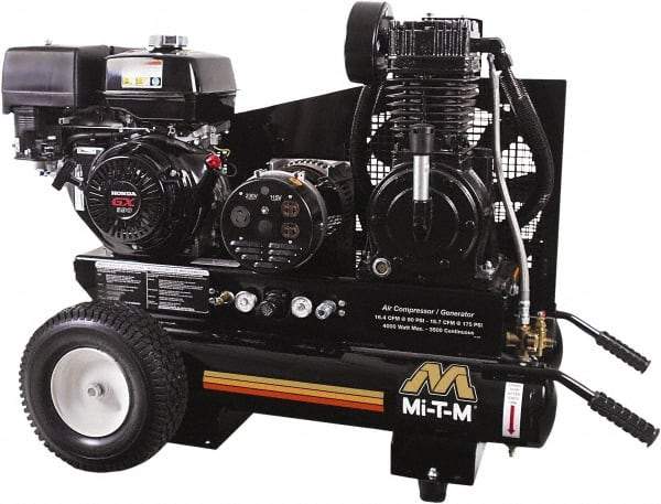 MI-T-M - 13.0 hp, 15.7 CFM, 175 Max psi, Air Compressor/Generator Combo Unit Portable Fuel Air Compressor - Honda GX390 OHV Engine, 16.4 CFM - USA Tool & Supply