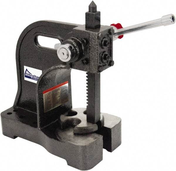 Gibraltar - 1-1/2" Ram, 5-1/4" Throat Depth, 3 Ton Manual Arbor Press - 12-1/2" Max Work Height x 16-1/2" Max Work Width, Single Leverage, 20:1 Leverage Ratio, 8-1/2" Base Width x 10" Base Depth - USA Tool & Supply