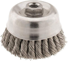 Osborn - 4" Diam, 5/8-11 Threaded Arbor, Stainless Steel Fill Cup Brush - 0.02 Wire Diam, 1-1/4" Trim Length, 6,000 Max RPM - USA Tool & Supply