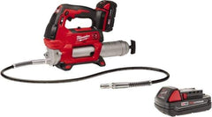 Milwaukee Tool - 10,000 Max psi, Flexible Battery-Operated Grease Gun - 14 oz Capacity, 31 Strokes per oz, Includes Grease Gun, Gauge Hose Assembly, Coupler, 30-Minute Charger, Carrying Case, (2)18 V Rechargeable Batteries & Extra 18V Li-Ion Battery - USA Tool & Supply