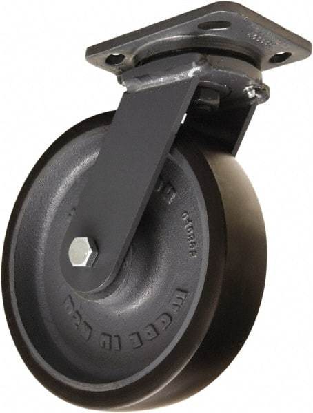 Hamilton - 8" Diam x 2" Wide x 9-1/2" OAH Top Plate Mount Swivel Caster - Polyurethane Mold onto Cast Iron Center, 1,950 Lb Capacity, Sealed Precision Ball Bearing, 4 x 5" Plate - USA Tool & Supply