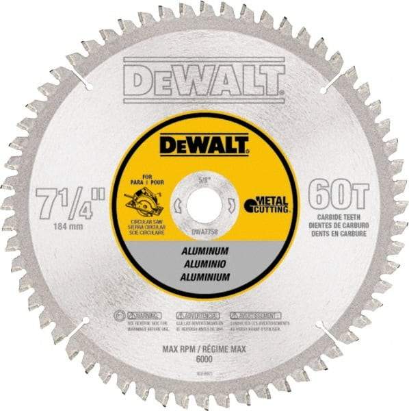 DeWALT - 7-1/4" Diam, 5/8" Arbor Hole Diam, 60 Tooth Wet & Dry Cut Saw Blade - High Speed Steel, Crosscut Action, Standard Round Arbor - USA Tool & Supply