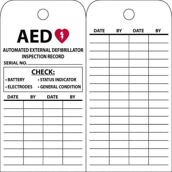 NMC - 3" High x 6" Long, AED, English Safety & Facility Quality Control Tag - 1 Side, White Vinyl/Polyester - USA Tool & Supply