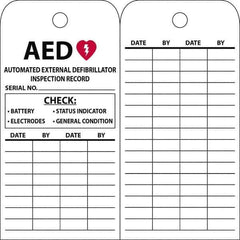 NMC - 3" High x 6" Long, AED, English Safety & Facility Quality Control Tag - 1 Side, White Vinyl/Polyester - USA Tool & Supply