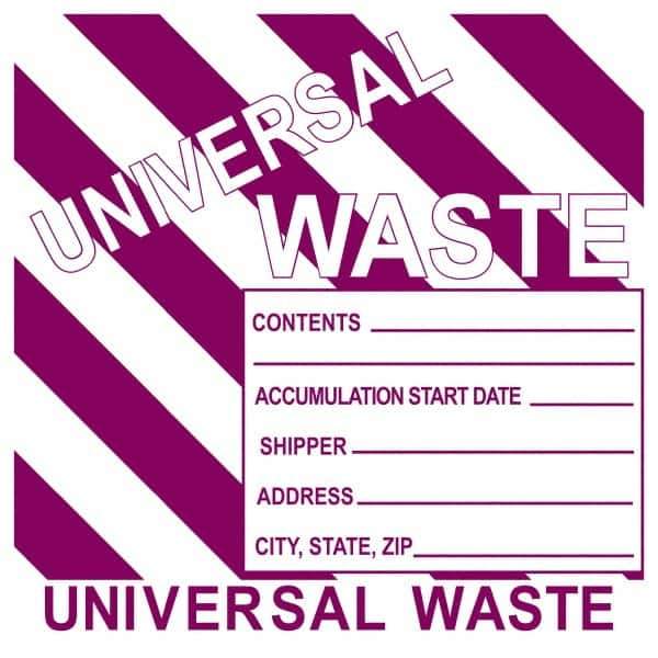 NMC - Universal Label - Legend: Universal Waste Contents______ Accumulation Start Date_____ Shipper_____ Address____ City, State, Zip____, English, Purple, 6" Long x 6" High, Sign Muscle Finish - USA Tool & Supply