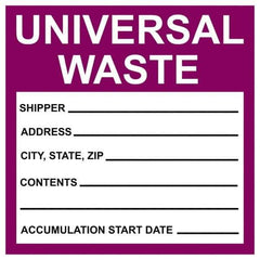 NMC - Universal Label - Legend: Universal Waste - Shipper__________ Address____ City,State,Zip____ Contents________ Accumulation Start Date ______, English, Purple & Black, 6" Long x 6" High, Sign Muscle Finish - USA Tool & Supply