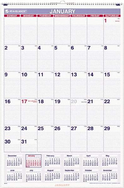 AT-A-GLANCE - 12 Sheet, 20 x 30", Wall Calendar - Blue & Red - USA Tool & Supply