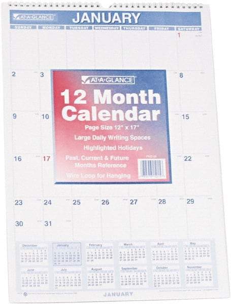 AT-A-GLANCE - 12 Sheet, 12 x 17", Planner Wall Calendar - Blue & Red - USA Tool & Supply