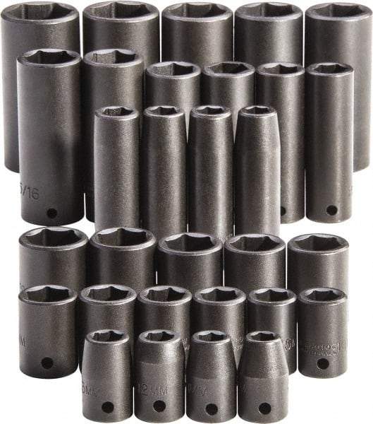 Proto - 30 Piece 1/2" Drive Full Polish Finish Impact Socket Set - 6 Points, 1-1/4" to 1-1/4" (10mm to 24mm) Range, Inch/Metric Measurement Standard - USA Tool & Supply