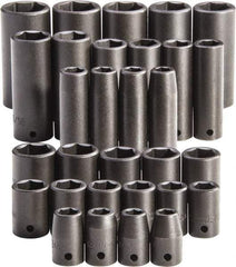 Proto - 30 Piece 1/2" Drive Full Polish Finish Impact Socket Set - 6 Points, 1-1/4" to 1-1/4" (10mm to 24mm) Range, Inch/Metric Measurement Standard - USA Tool & Supply