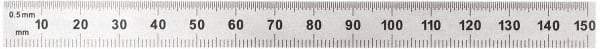 General - 6" Long, 1/100, 1/10" and 0.5, 1mm Graduation, Flexible Steel Rule - Decimal/Metric Graduation Style, 1/2" Wide, Silver, Satin Chrome Finish - USA Tool & Supply