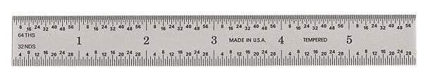 General - 6" Long, 1/64, 1/32, 1/16, 1/8" Graduation, Rigid Steel Rule - 4R Graduation Style, 3/4" Wide, Silver, Satin Chrome Finish - USA Tool & Supply