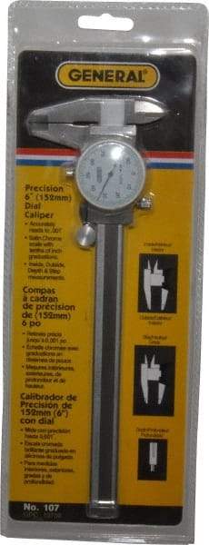 General - 0mm to 6" Range, 0.001" Graduation, 0.1" per Revolution, Dial Caliper - White Face, 1.57" Jaw Length - USA Tool & Supply