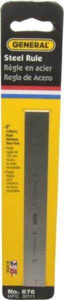 General - 6" Long, 1/64, 1/32, 1/16, 1/8" Graduation, Rigid Stainless Steel Rule - 4R Graduation Style, 3/4" Wide, Silver, Polished Finish - USA Tool & Supply