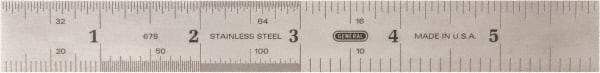 General - 6" Long, 1/100, 1/64, 1/50, 1/32, 1/20, 1/16, 1/10, 1/8" and 0.5, 1mm Graduation, Rigid Stainless Steel Rule - 4R & English/Metric Graduation Style, 3/4" Wide, Silver, Polished Finish - USA Tool & Supply