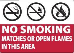 NMC - "No Smoking Matches or Open Flames in This Area", 7" Long x 10" Wide, Aluminum Safety Sign - Rectangle, 0.04" Thick, Use for Smoking Regulations - USA Tool & Supply