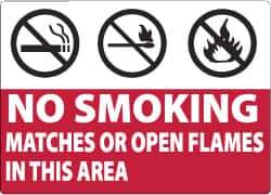 NMC - "No Smoking Matches or Open Flames in This Area", 10" Long x 14" Wide, Pressure-Sensitive Vinyl Safety Sign - Rectangle, 0.004" Thick, Use for Smoking Regulations - USA Tool & Supply