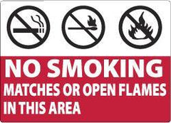 NMC - "No Smoking Matches or Open Flames in This Area", 7" Long x 10" Wide, Aluminum Safety Sign - Rectangle, 0.04" Thick, Use for Smoking Regulations - USA Tool & Supply
