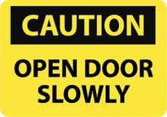NMC - Caution - Open Door Slowly, Pressure Sensitive Vinyl Fire and Exit Sign - 14" Wide x 10" High - USA Tool & Supply