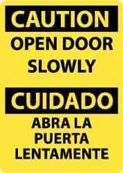 NMC - Caution - Open Door Slowly, Pressure Sensitive Vinyl Fire and Exit Sign - 10" Wide x 14" High, English/Spanish - USA Tool & Supply