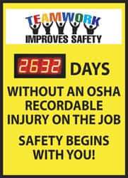 NMC - Scoreboards Scoreboard Type: Digital Scoreboard Legend: Teamwork Improves Safety - ___ Days without an OSHA Recordable Injury - on the Job Safety Begins with You - USA Tool & Supply