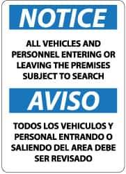 NMC - "Notice - All Vehicles and Personnel Entering or Leaving the Premises Subject to Search", 14" Long x 10" Wide, Aluminum Safety Sign - Rectangle, 0.04" Thick, Use for Security & Admittance - USA Tool & Supply