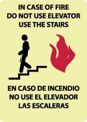 NMC - In Case of Fire - Do Not Use Elevator - Use the Stairs, Pressure Sensitive Vinyl Fire and Exit Sign - 10" Wide x 14" High, English/Spanish, Glow-in-the-Dark - USA Tool & Supply