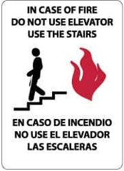 NMC - In Case of Fire - Do Not Use Elevator - Use the Stairs, Pressure Sensitive Vinyl Fire and Exit Sign - 10" Wide x 14" High, English/Spanish - USA Tool & Supply