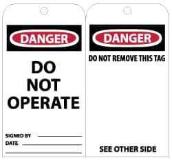 NMC - 3" High x 6" Long, DANGER - DO NOT OPERATE, English Safety & Facility Lockout Tag - Tag Header: Danger, 2 Sides, Black, Red & White Unrippable Vinyl - USA Tool & Supply