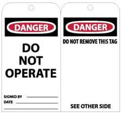 NMC - 3" High x 6" Long, DANGER - DO NOT OPERATE, English Safety & Facility Lockout Tag - Tag Header: Danger, 2 Sides, Black, Red & White Unrippable Vinyl - USA Tool & Supply