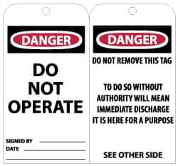 NMC - 3" High x 6" Long, DANGER - DO NOT OPERATE, English Safety & Facility Lockout Tag - Tag Header: Danger, 2 Sides, Black, Red & White Unrippable Vinyl - USA Tool & Supply