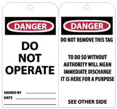 NMC - 3" High x 6" Long, DANGER - DO NOT OPERATE, English Safety & Facility Lockout Tag - Tag Header: Danger, 2 Sides, Black, Red & White Unrippable Vinyl - USA Tool & Supply