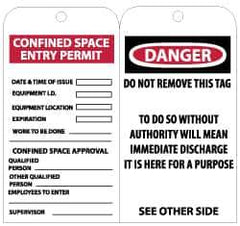 NMC - 3" High x 6" Long, CONFINED SPACE ENTRY LIMIT-CONFINED SPACE APPROVAL, English Safety & Facility Accident Prevention Tag - Tag Header: Danger, 2 Sides, Black & White Unrippable Vinyl - USA Tool & Supply