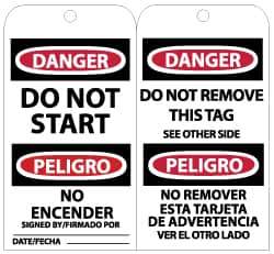 NMC - 3" High x 6" Long, DANGER - DO NOT START, English Safety & Facility Lockout Tag - Tag Header: Danger, 2 Sides, Black, Red & White Unrippable Vinyl - USA Tool & Supply