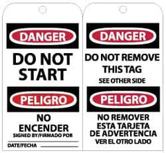 NMC - 3" High x 6" Long, DANGER - DO NOT START, English Safety & Facility Lockout Tag - Tag Header: Danger, 2 Sides, Black, Red & White Unrippable Vinyl - USA Tool & Supply