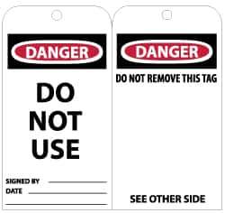 NMC - 3" High x 6" Long, DANGER - DO NOT USE, English Safety & Facility Lockout Tag - Tag Header: Danger, 2 Sides, Black, Red & White Unrippable Vinyl - USA Tool & Supply