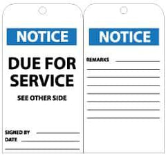 NMC - 3" High x 6" Long, NOTICE - DUE FOR SERVICE, English Safety & Facility Lockout Tag - Tag Header: Notice, 2 Sides, Black, White & Blue Unrippable Vinyl - USA Tool & Supply