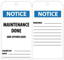 NMC - 3" High x 6" Long, NOTICE - MAINTENANCE DONE, English Safety & Facility Lockout Tag - Tag Header: Notice, 2 Sides, Black, White & Blue Unrippable Vinyl - USA Tool & Supply