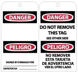 NMC - 3" High x 6" Long, DANGER, English Safety & Facility Lockout Tag - Tag Header: Danger, 2 Sides, Black, Red & White Unrippable Vinyl - USA Tool & Supply