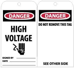 NMC - 3" High x 6" Long, DANGER - HIGH VOLTAGE, English Safety & Facility Lockout Tag - Tag Header: Danger, 2 Sides, Black, Red & White Unrippable Vinyl - USA Tool & Supply
