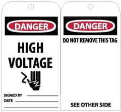 NMC - 3" High x 6" Long, DANGER - HIGH VOLTAGE, English Safety & Facility Lockout Tag - Tag Header: Danger, 2 Sides, Black, Red & White Unrippable Vinyl - USA Tool & Supply