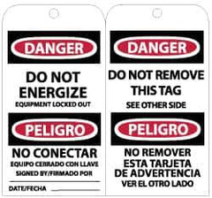 NMC - 3" High x 6" Long, DANGER - DO NOT ENERGIZE - EQUIPMENT LOCKED OUT, English Safety & Facility Lockout Tag - Tag Header: Danger, 2 Sides, Black, Red & White Unrippable Vinyl - USA Tool & Supply