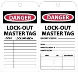 NMC - 3" High x 6" Long, DANGER - LOCK-OUT MASTER TAG, English Safety & Facility Lockout Tag - Tag Header: Danger, 2 Sides, Black, Red & White Unrippable Vinyl - USA Tool & Supply