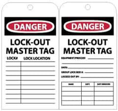 NMC - 3" High x 6" Long, DANGER - LOCK-OUT MASTER TAG, English Safety & Facility Lockout Tag - Tag Header: Danger, 2 Sides, Black, Red & White Unrippable Vinyl - USA Tool & Supply
