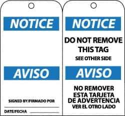 NMC - 3" High x 6" Long, Notice, English Safety & Facility Lockout Tag - Tag Header: Notice, 2 Sides, Black, White & Blue Unrippable Vinyl - USA Tool & Supply