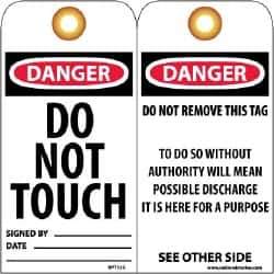 NMC - 3" High x 6" Long, DANGER - DO NOT TOUCH, English Safety & Facility Lockout Tag - Tag Header: Danger, 2 Sides, Black, Red & White Unrippable Vinyl - USA Tool & Supply