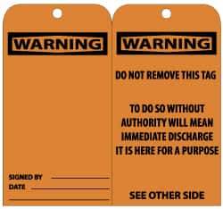 NMC - 3" High x 6" Long, Warning, English Safety & Facility Lockout Tag - Tag Header: Warning, 2 Sides, Black & Orange Unrippable Vinyl - USA Tool & Supply