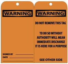 NMC - 3" High x 6" Long, Warning, English Safety & Facility Lockout Tag - Tag Header: Warning, 2 Sides, Black & Orange Unrippable Vinyl - USA Tool & Supply