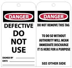NMC - 3" High x 6" Long, DANGER - DEFECTIVE - DO NOT USE, English Safety & Facility Lockout Tag - Tag Header: Danger, 2 Sides, Black, Red & White Unrippable Vinyl - USA Tool & Supply