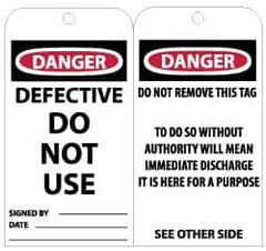NMC - 3" High x 6" Long, DANGER - DEFECTIVE - DO NOT USE, English Safety & Facility Lockout Tag - Tag Header: Danger, 2 Sides, Black, Red & White Unrippable Vinyl - USA Tool & Supply